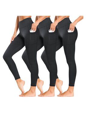 Women's 3 Packs Leggings with Pockets High Waisted Tummy Control, BLACK, L to XL